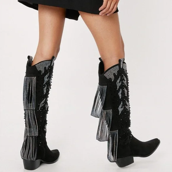 ⚡️NEW $353 NASTY GAL Black Studded Diamante Faux Suede Cowboy Boots - Picture 4 of 4